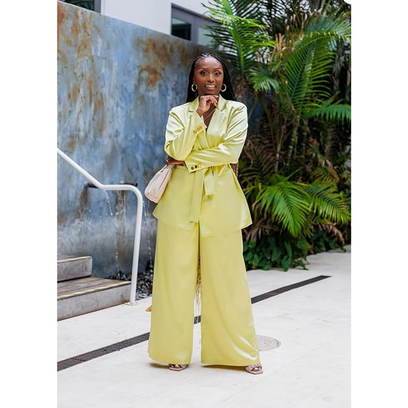 The Drop Womens Wide Leg Satin Pants by @tenickab Large Pale Green Citycore NEW - Picture 1 of 9